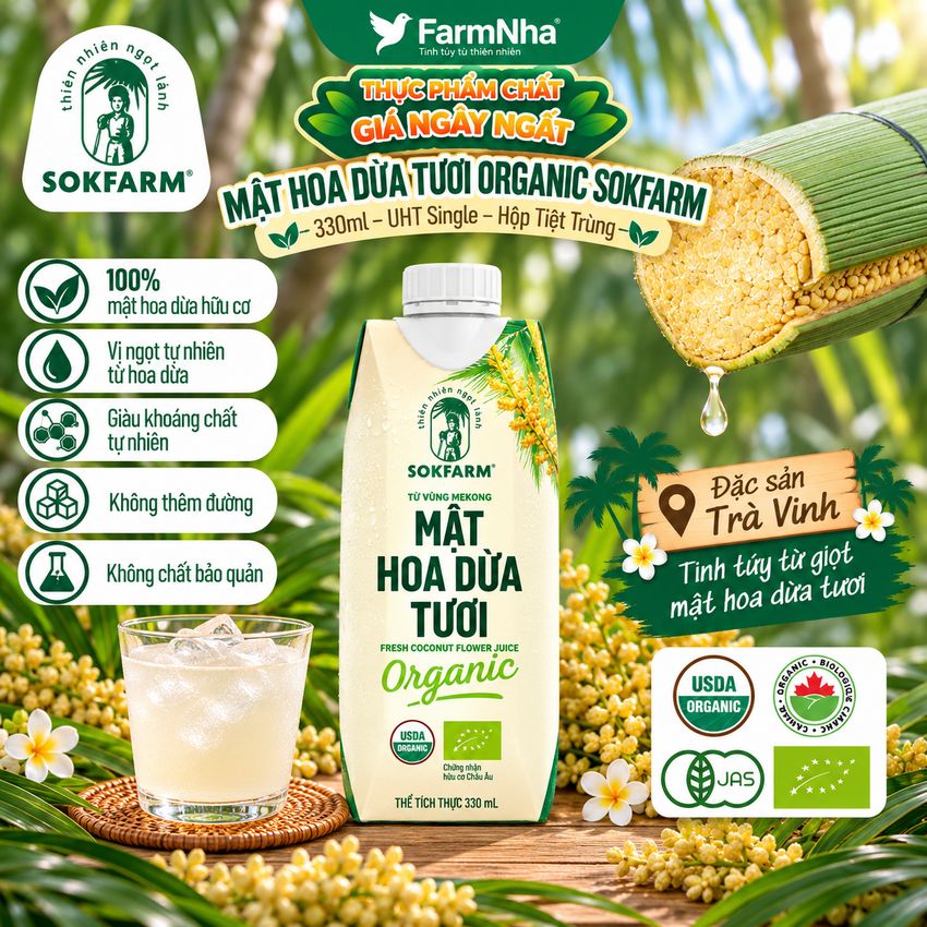 Nước Uống Mật Hoa Dừa Tươi Sokfarm 330ml UHT – Hữu Cơ Giàu Khoáng Tự Nhiên, Uống Là Khỏe