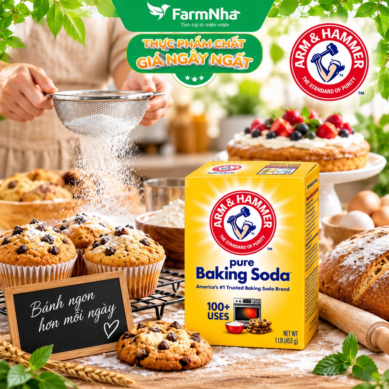 Bột Pure Baking Soda Arm & Hammer 453g USA Chính Hãng - Đa Công Dụng Làm Bánh Khử Mùi