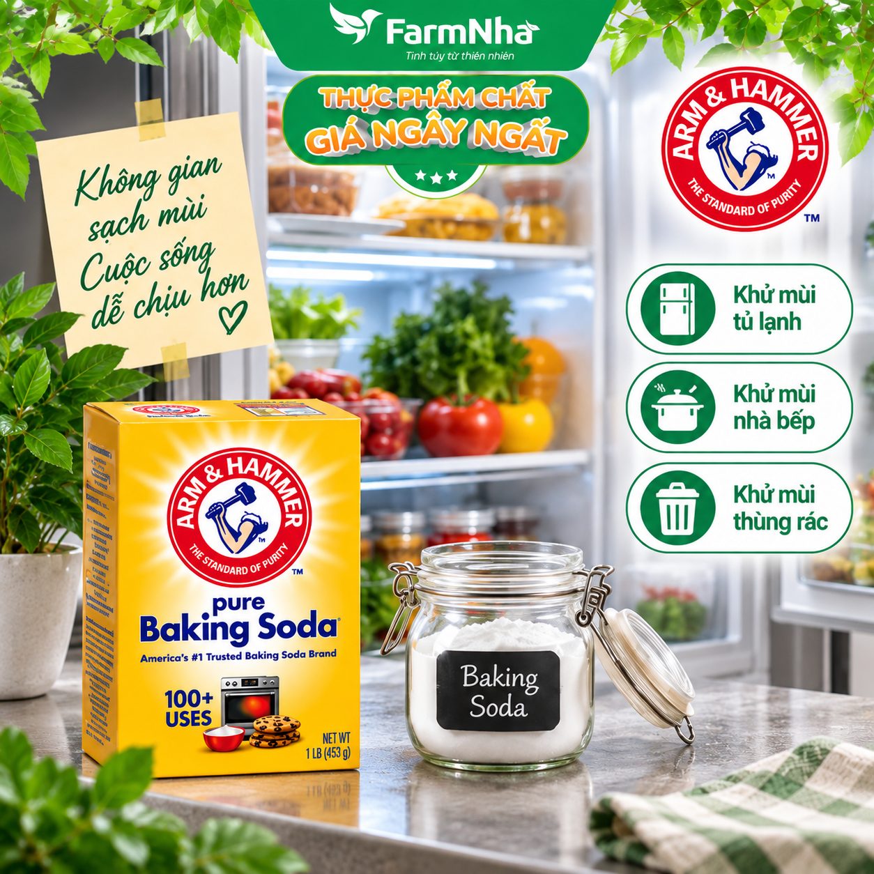 Bột Pure Baking Soda Arm & Hammer 453g USA Chính Hãng - Đa Công Dụng Làm Bánh Khử Mùi