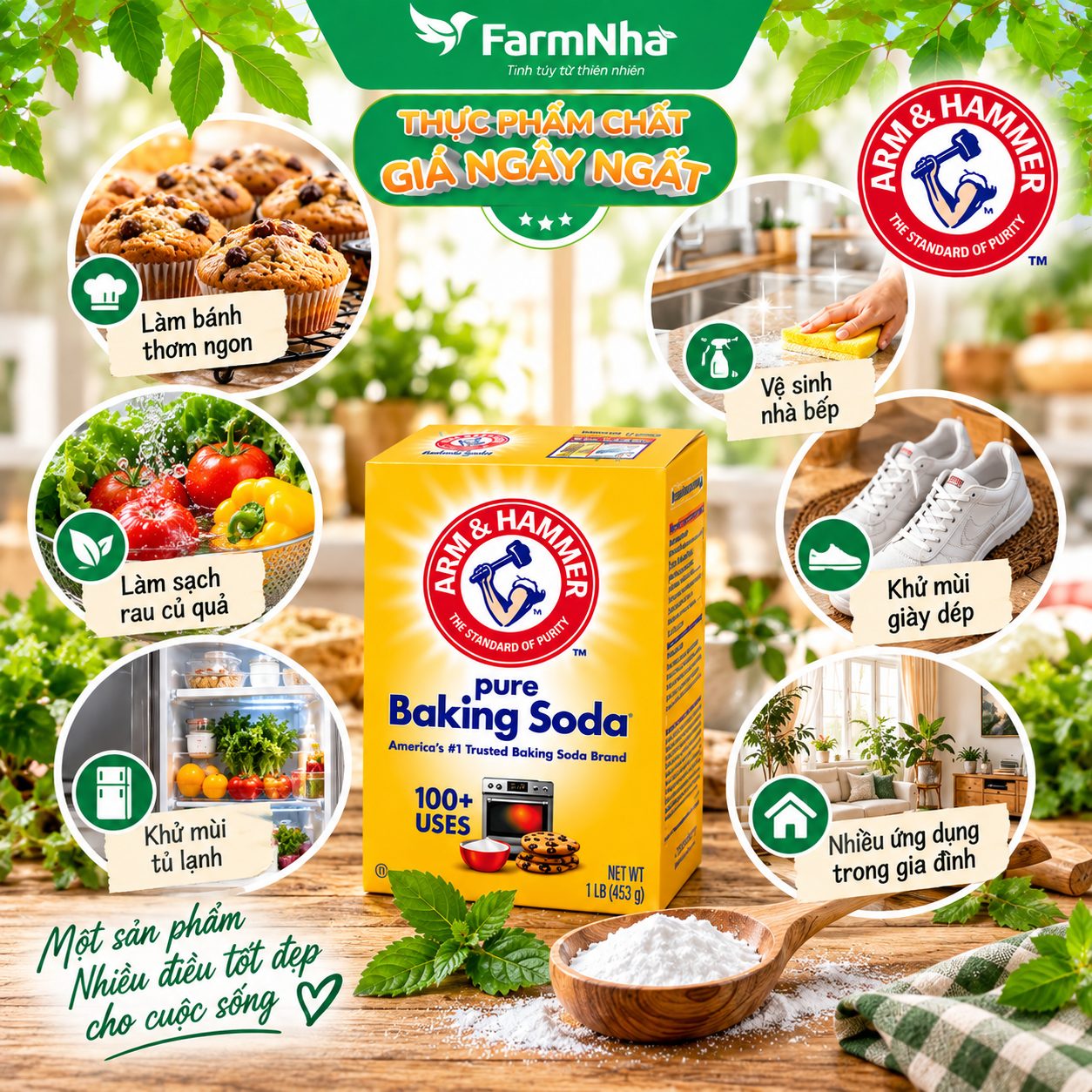 Bột Pure Baking Soda Arm & Hammer 453g USA Chính Hãng - Đa Công Dụng Làm Bánh Khử Mùi