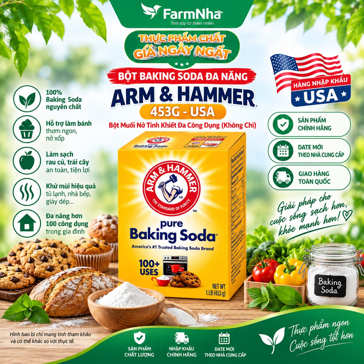 Bột Pure Baking Soda Arm & Hammer 453g USA Chính Hãng - Đa Công Dụng Làm Bánh Khử Mùi 