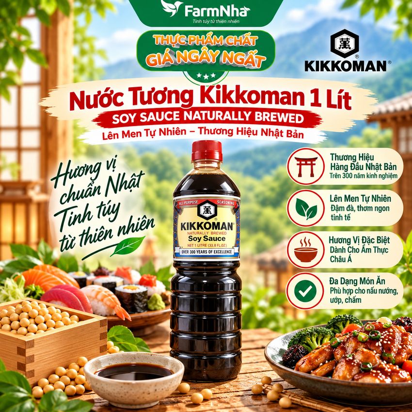 Xì Dầu Naturally Brewed Soy Sauce Kikkoman 1 lít –Nước Tương Lên Men Tự Nhiên Đậm Vị Umami