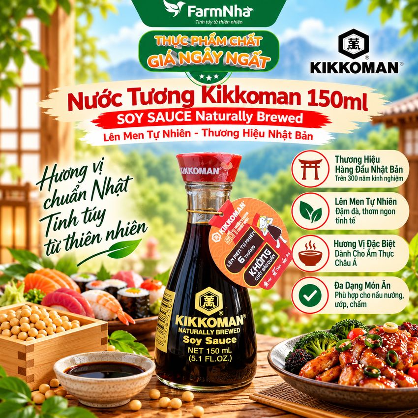 Xì Dầu Kikkoman Soy Sauce 150ml – Nước tương chuẩn Nhật Bản, Không GMO, Hương Vị Tự Nhiên