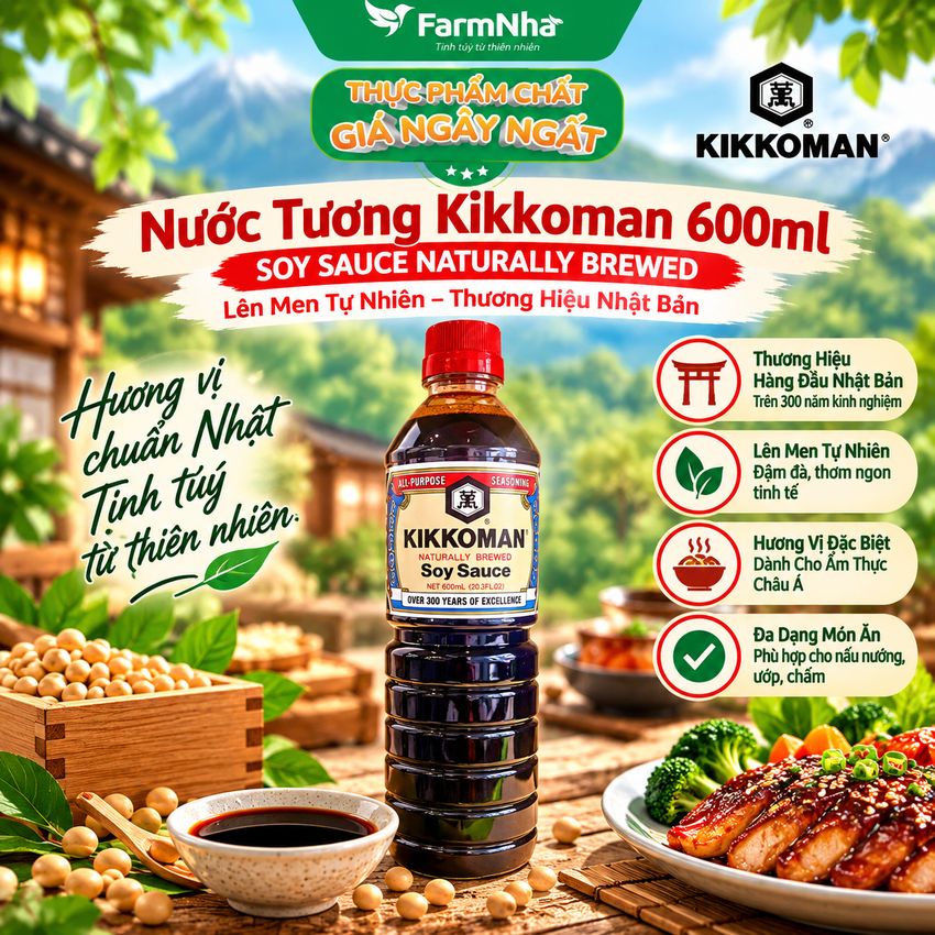 Xì Dầu Naturally Brewed Soy Sauce Kikkoman 600ml –Nước Tương Lên Men Tự Nhiên Đậm Vị Umami