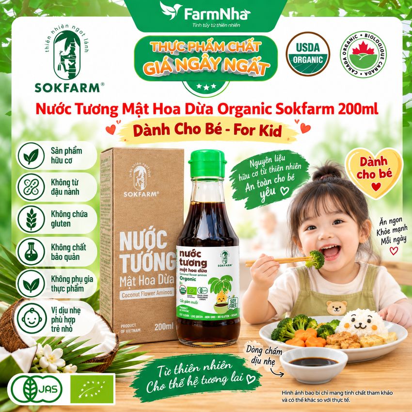 Nước Tương Mật Hoa Dừa Sokfarm 200ml Cho Bé Ít Muối - Vị Umami Hữu Cơ Tốt Cho Sức Khỏe