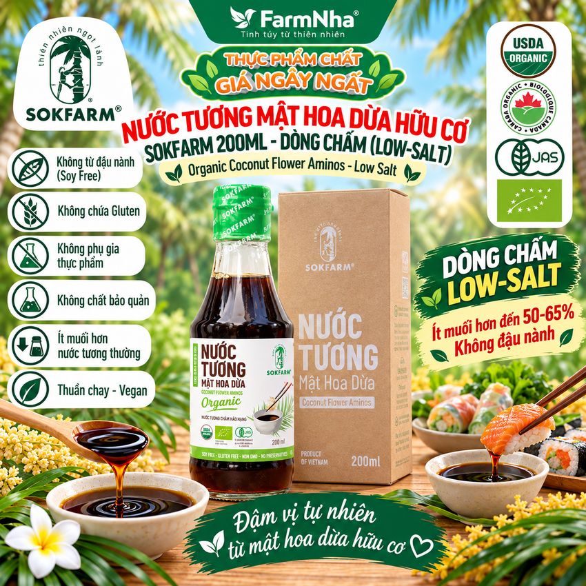 Nước Tương Mật Hoa Dừa Sokfarm 200ml Dòng Chấm Ít Muối - Vị Umami Hữu Cơ Tốt Cho Sức Khỏe