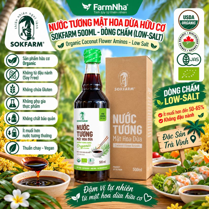 Nước Tương Mật Hoa Dừa Sokfarm 500ml Dòng Chấm Ít Muối - Vị Umami Hữu Cơ Tốt Cho Sức Khỏe