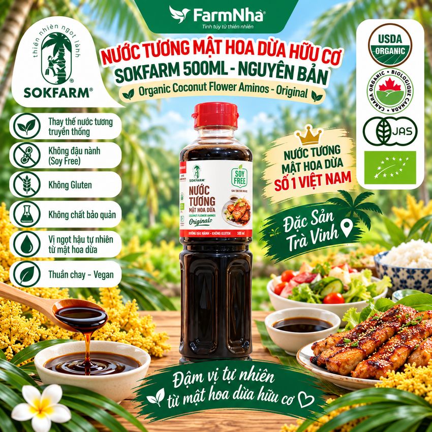 Nước Tương Mật Hoa Dừa Sokfarm 500ml Nguyên Bản Chuyên Nấu - Vị Umami Hữu Cơ Tốt Cho Sức Khỏe