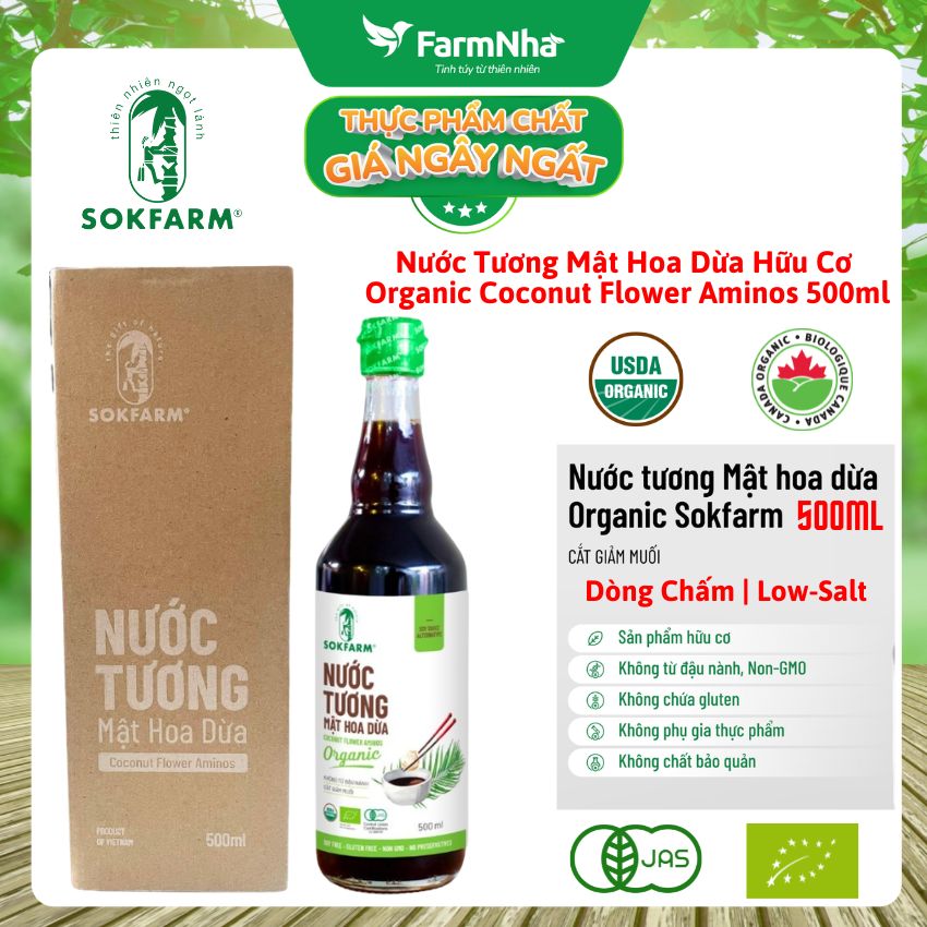 Nước tương mật hoa dừa Sokfarm 500ml - Sản phẩm hữu cơ tự nhiên, vị mặn tốt cho sức khỏe