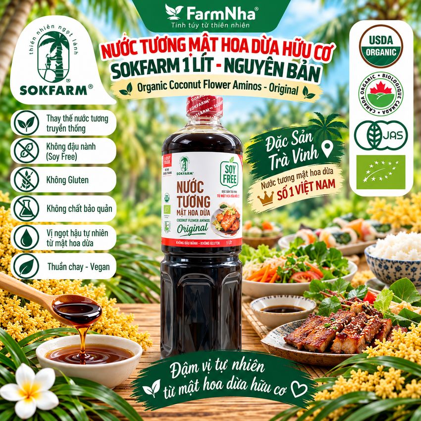 Nước Tương Mật Hoa Dừa Sokfarm 1 Lít Nguyên Bản Chuyên Nấu - Vị Umami Hữu Cơ Tốt Cho Sức Khỏe
