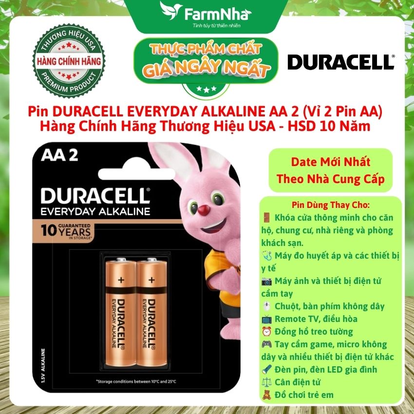 Pin DURACELL EVERYDAY ALKALINE AA2 1.5V (Vỉ 2 Viên - Hàng Chính Hãng USA - HSD Lưu Kho Đến 10 Năm