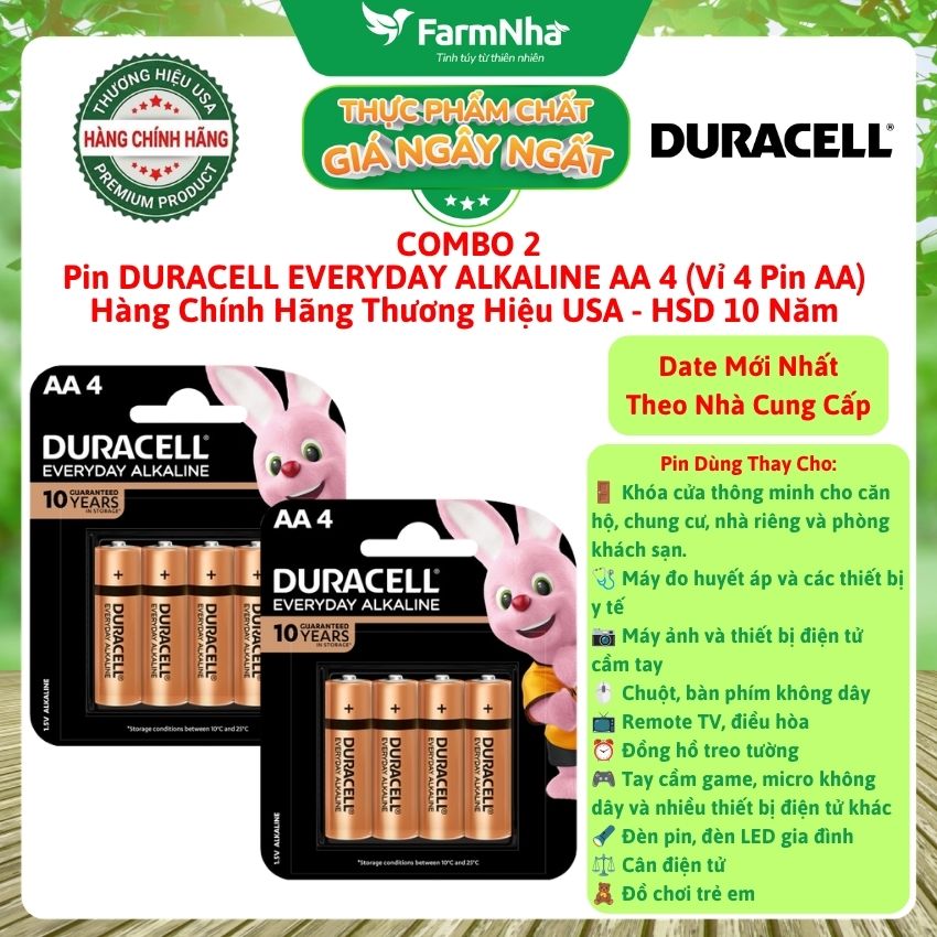 Pin DURACELL EVERYDAY ALKALINE AA4 1.5V Vỉ 4 Viên - Hàng Chính Hãng USA, HSD Lưu Kho Đến 10 Năm
