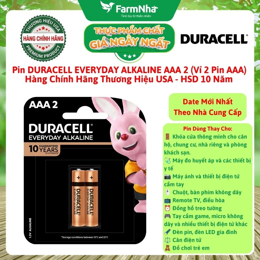 Pin DURACELL Everyday Alkaline AAA2 1.5V Vỉ 2 Viên Chính Hãng – Pin Kiềm Bền Bỉ