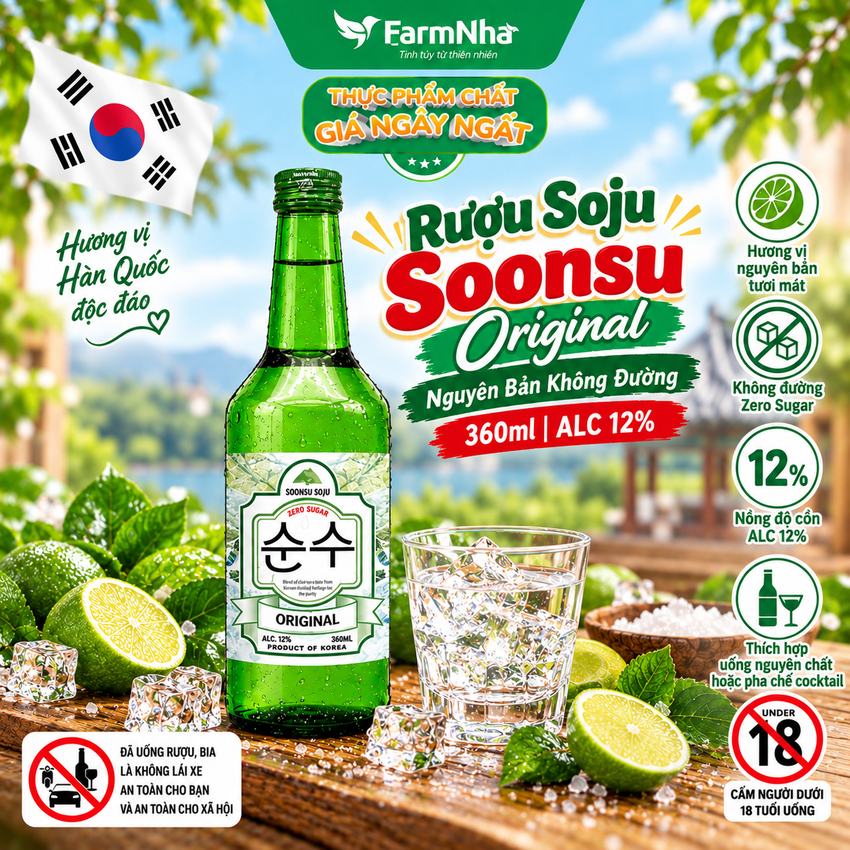 Rượu Soju Soonsu Original Zero Sugar 360ml ALC 12% – Soju Truyền Thống Cao Cấp từ Hàn Quốc