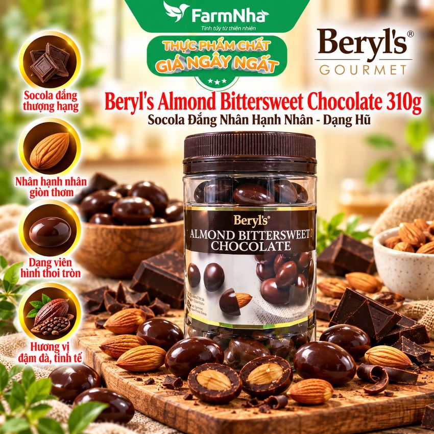 Sôcôla Beryls Almond Bittersweet 310g - Vị Ngọt Ngào, Thơm Béo với Bột Sữa Nguyên Kem