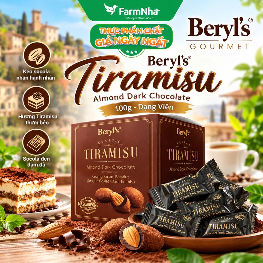 Socola Beryls Tiramisu Almond Dark Chocolate 100g - Socola đen ngon hấp dẫn với bột phô mai Ý mascarpone