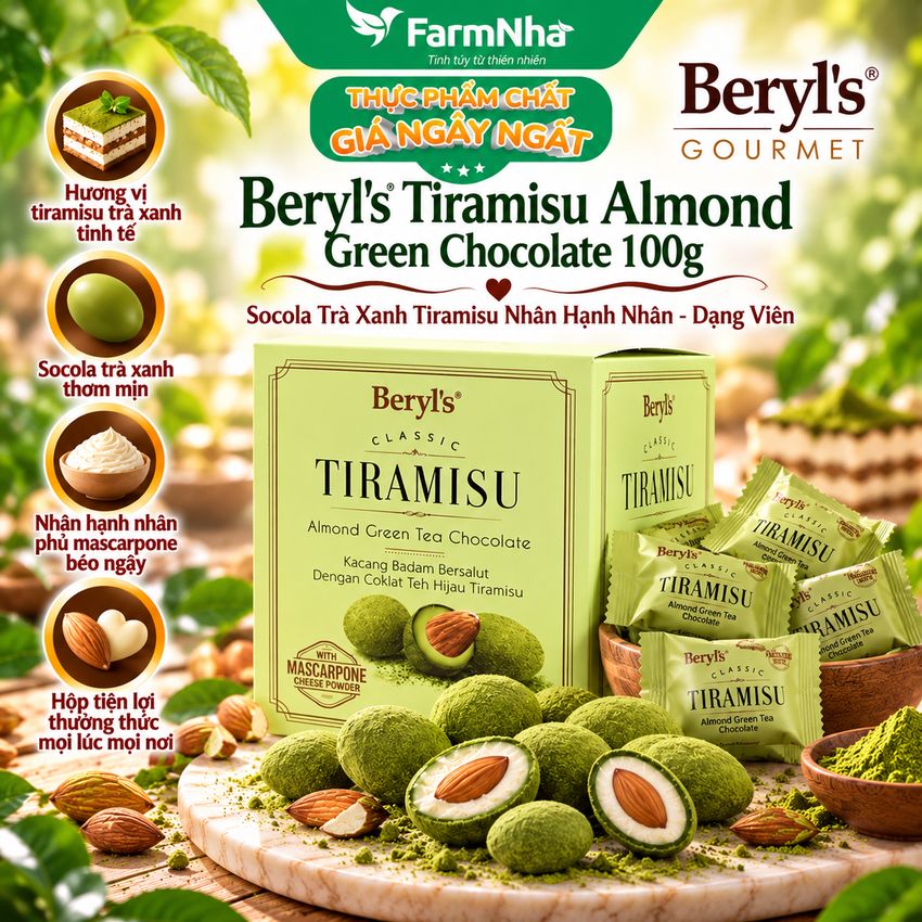 Socola Beryls Tiramisu Almond Green Tea Chocolate 100gr - Socola hạnh nhân trà xanh hấp dẫn với bột phô mai Ý 