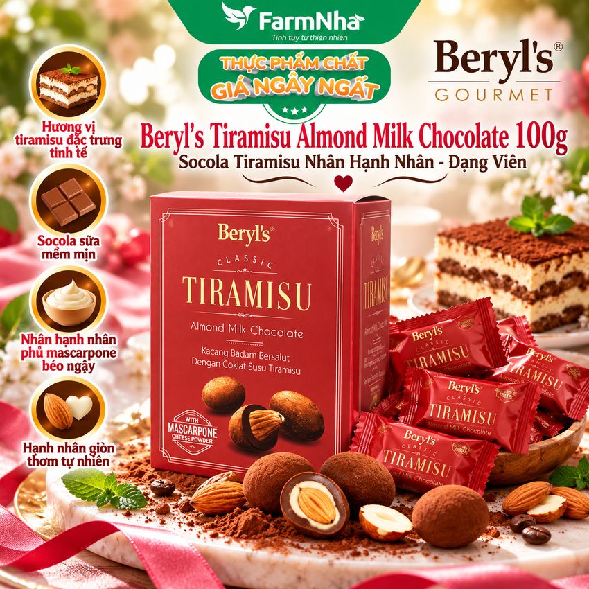 Socola Beryls Tiramisu Almond Milk Chocolate 100g - Socola sữa hạnh nhân hấp dẫn với bột phô mai mascarpone Ý 