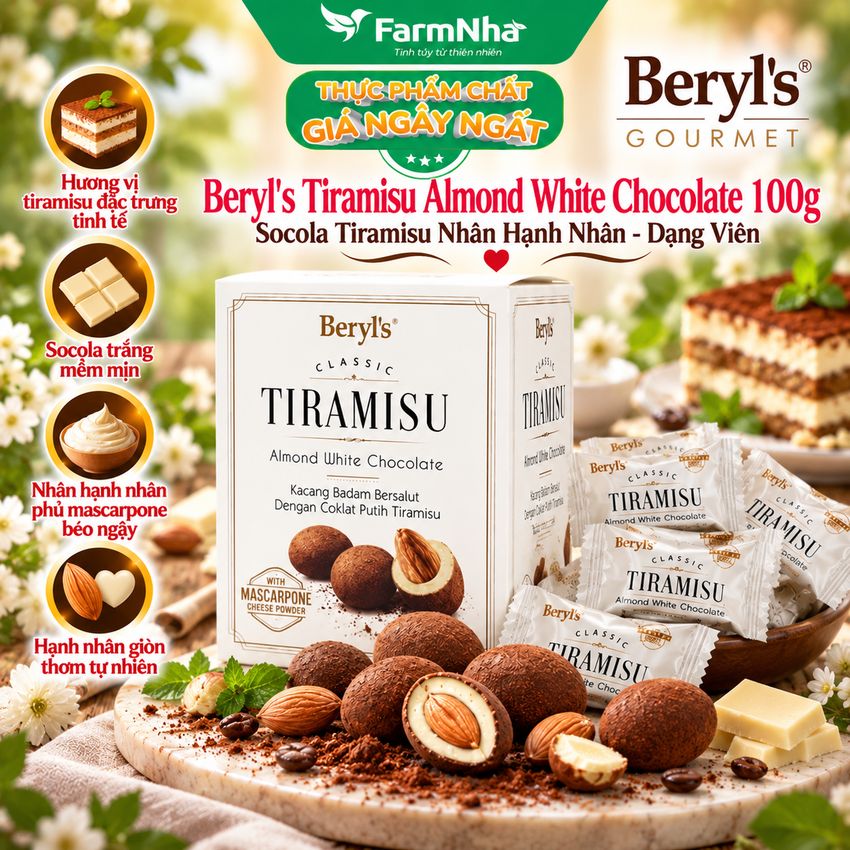 Socola Beryls Tiramisu Almond White Chocolate 100g - Socola truyền thống hấp dẫn với bột phô mai kem Ý mascarpone