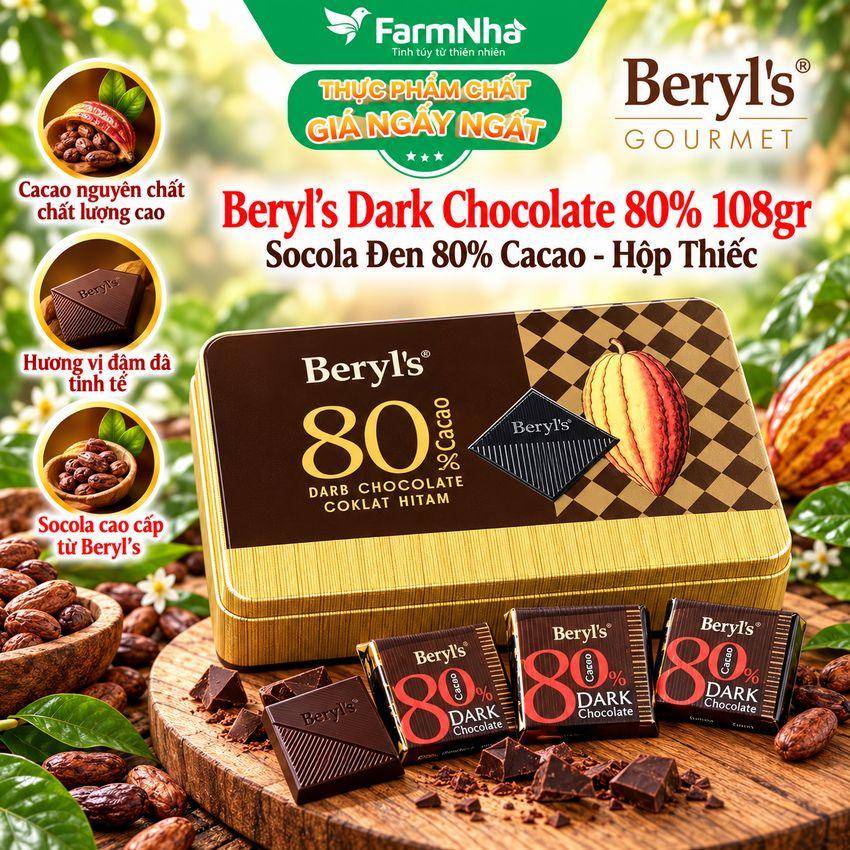 Socola Beryls 80% Dark Chocolate 108g | Cacao Nguyên Chất, Vị Đắng Tinh Tế