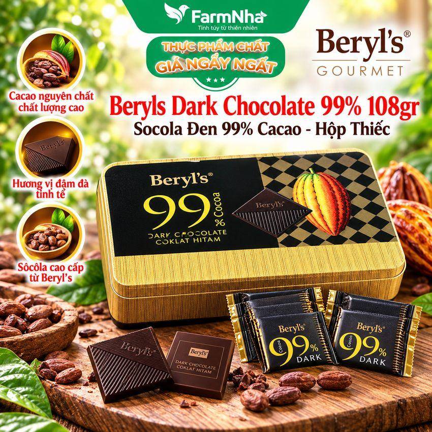Socola Beryls 99% Dark Chocolate 108g | Cacao Nguyên Chất, Vị Đắng Tinh Tế