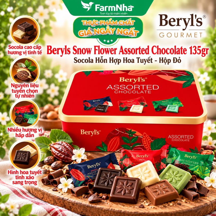 Socola Beryls Snow Flower Assorted 135g Hộp Thiếc Đỏ - Sang Trọng, Trao Gửi Ngọt Ngào Mùa Lễ Hội