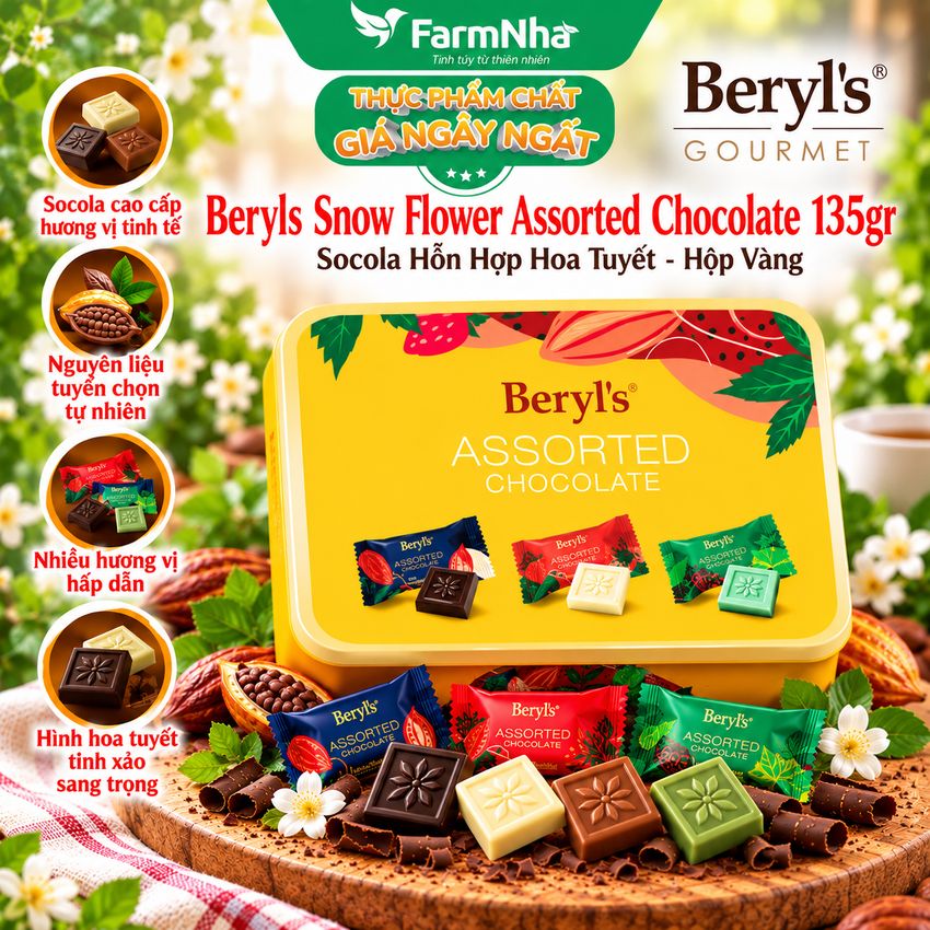 Socola Beryls Snow Flower Assorted 135g Hộp Thiếc Vàng - Trao Gửi Ngọt Ngào & Sang Trọng