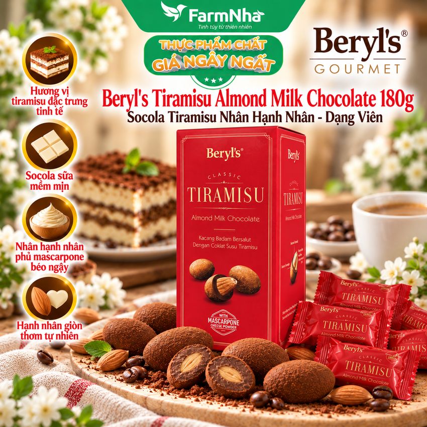 Socola Beryls Tiramisu Almond Milk Chocolate 180g - Tiramisu, Sữa và Hạnh Nhân Béo Ngậy