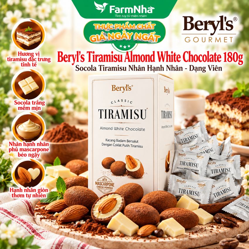 Socola Beryls Tiramisu Almond White Chocolate 180g - Socola Trắng và Hạnh Nhân Béo Ngậy
