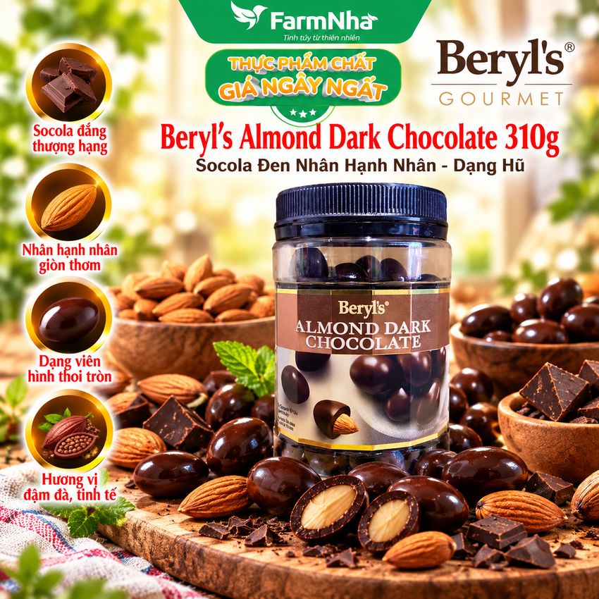 Socola Beryls Almond Dark Chocolate 310gr - Sôcôla Đen Hảo Hạng và Hạnh Nhân Giòn Ngon Thơm Lừng