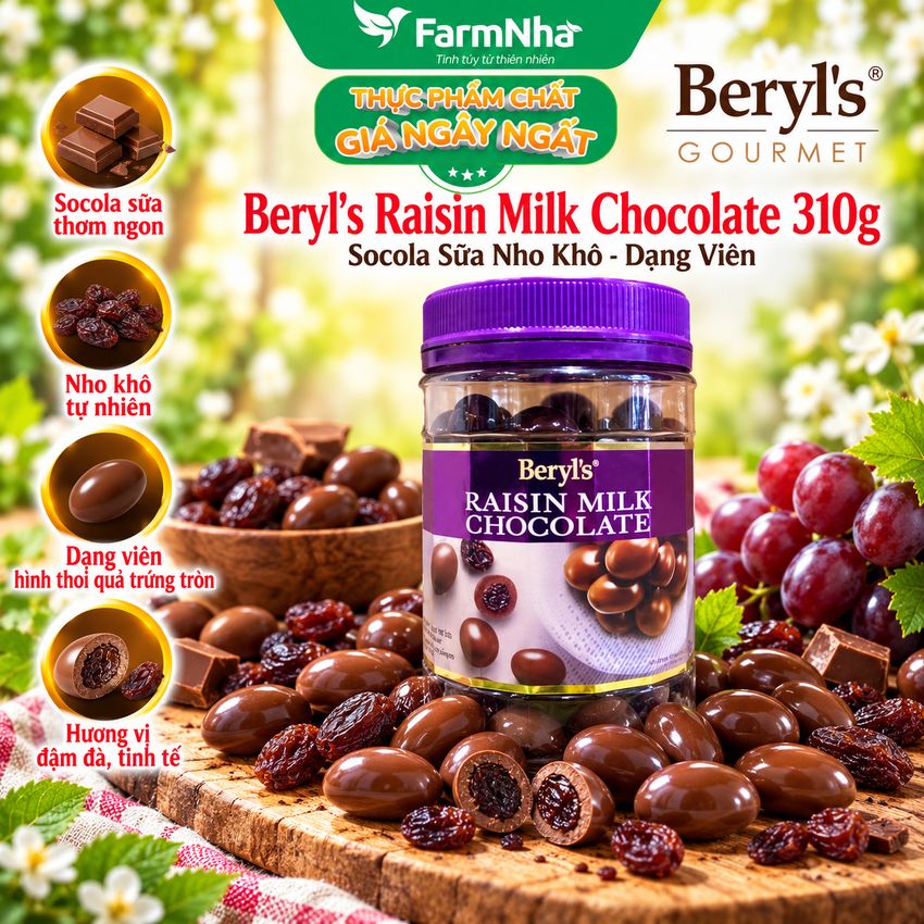 Sôcôla Beryls Raisin Milk Chocolate 310gr - Sôcôla Sữa Hảo Hạng nhân Nho Khô Tuyệt Hảo