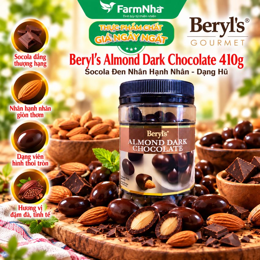 Socola Beryls Almond Dark Chocolate 410gr - Sôcôla Đen Hảo Hạng và Hạnh Nhân Giòn Ngon Thơm Lừng