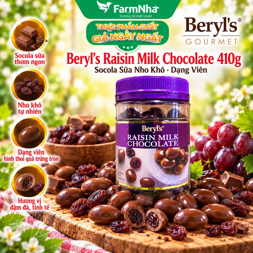 Sôcôla Beryls Raisin Milk Chocolate 410gr - Sôcôla Sữa Hảo Hạng nhân Nho Khô Tuyệt Hảo