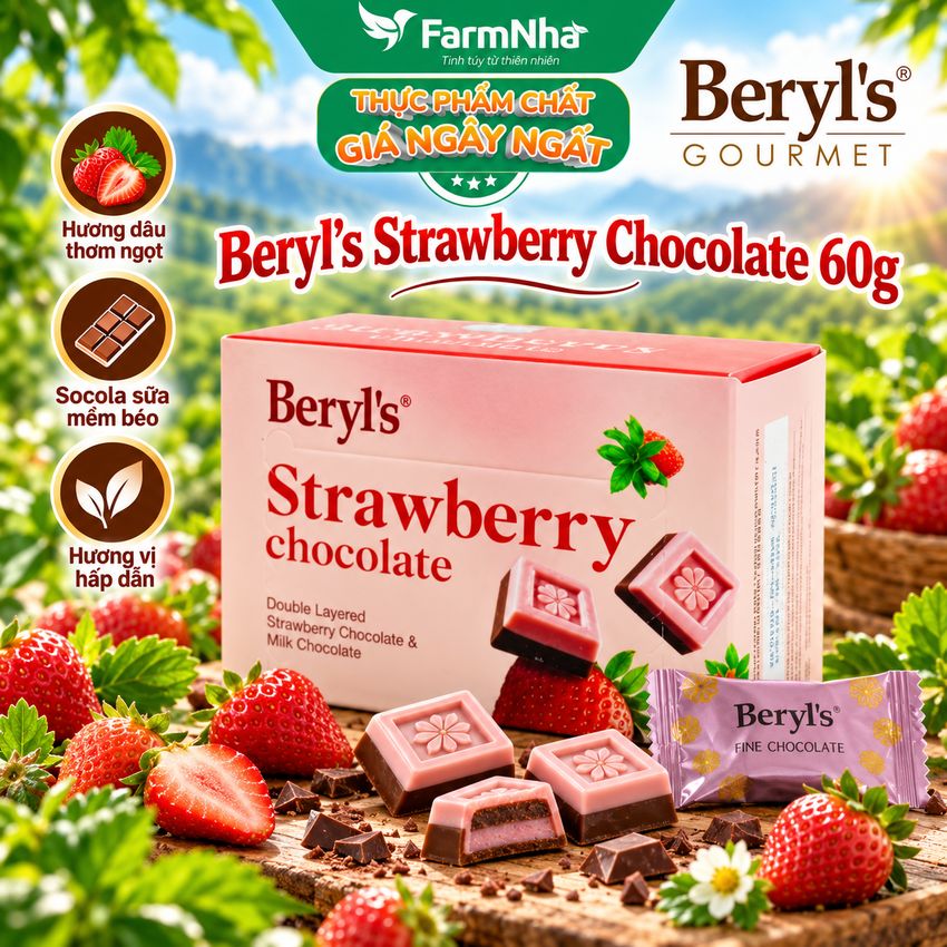 Socola Beryls Strawberry 60g - Lớp Dâu Chua Ngọt Kết Hợp Socola Sữa