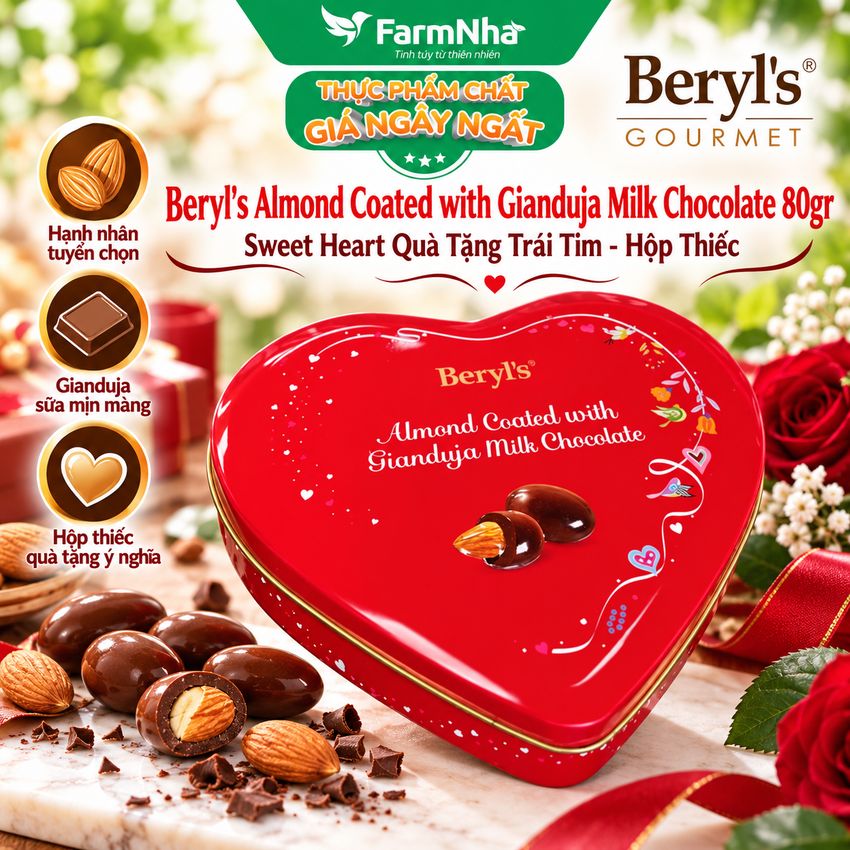 Socola Beryls Almond Gianduja Milk Chocolate 80g Hộp Trái Tim – Ngọt Ngào và Yêu Thương
