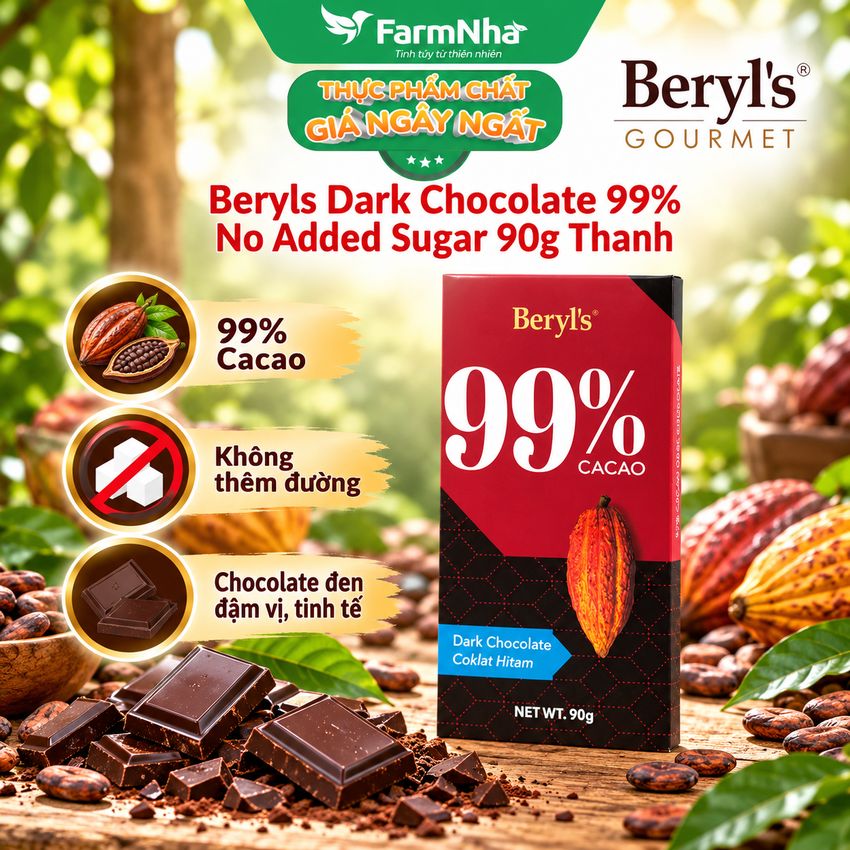 Sô cô la Beryls No Added Sugar Dark 99% Chocolate 90g : Sô Cô La Nguyên Chất Không Đường Tinh Tế