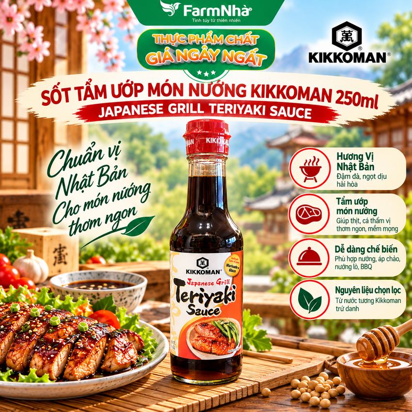 Sốt Teriyaki Sauce Japanese Grill Kikkoman 250ml – Sốt Ướp & Nướng Chuẩn Vị Grill Japan