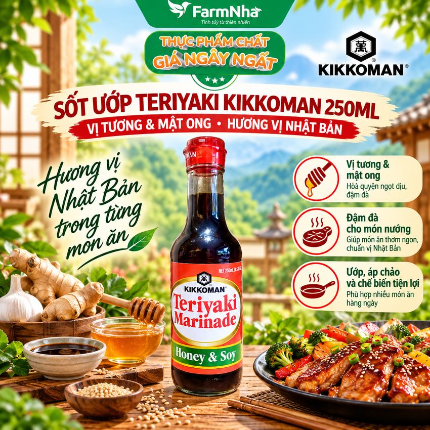 Sốt Teriyaki Marinade Honey & Soy Kikkoman 250ml – Sốt Ướp Nước Tương Mật Ong chuẩn Nhật
