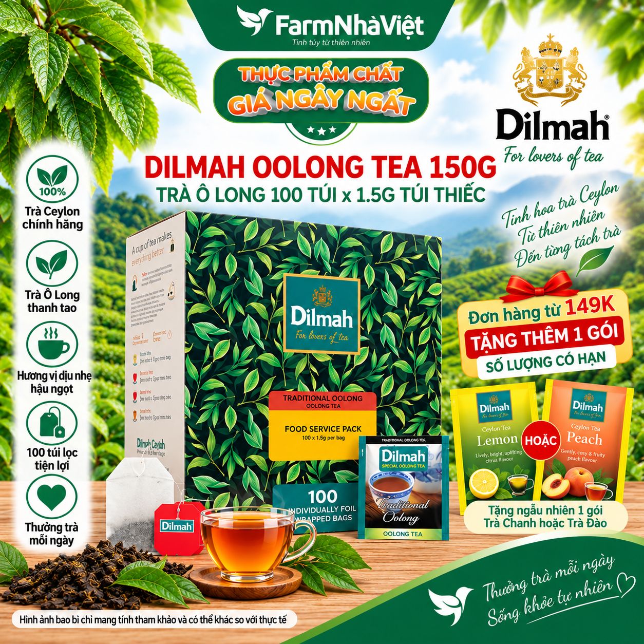 Trà Dilmah Traditional Oolong Tea All Natural 200g 100 Túi x 2g Túi Bạc Riêng Biệt – Trà Ô Long Tự Nhiên, Hương Vị Đậm Đà