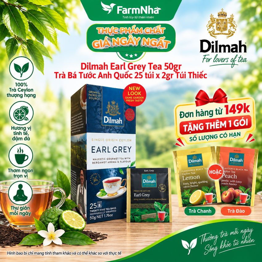 Trà Dilmah Earl Grey Single Origin Ceylon Tea 50g 25x2g Túi Thiếc - Tinh Hoa Trà Bá Tước