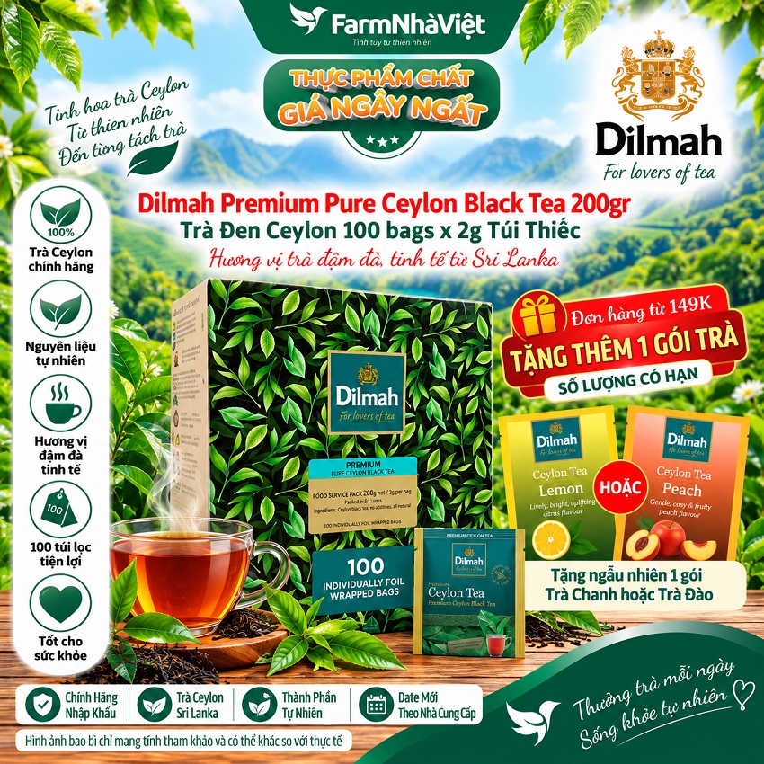 Trà Dilmah Premium Pure Ceylon Black Tea 200g 100x2g Túi thiếc - Tinh hoa trà Sri Lanka