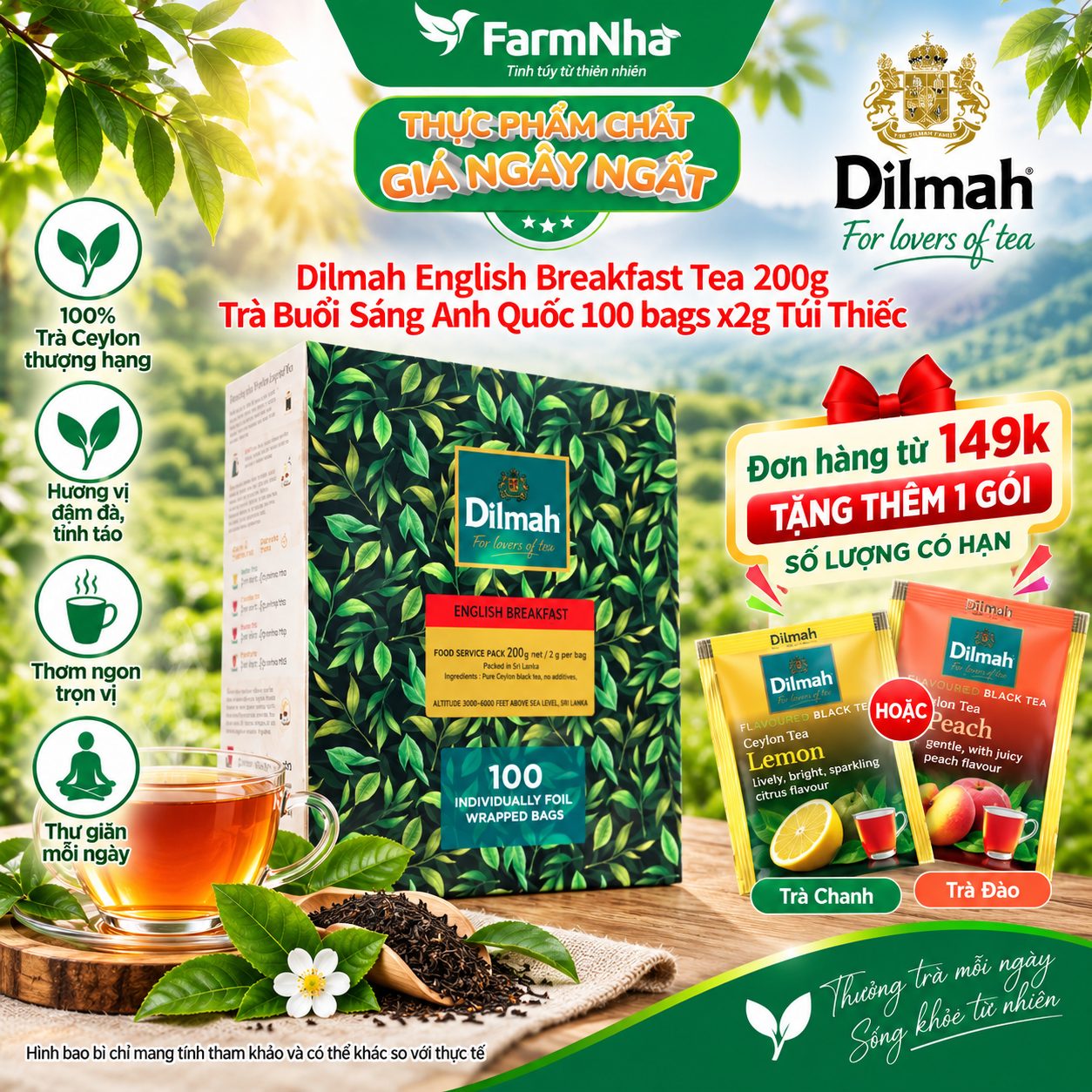 Trà Dilmah English Breakfast Buổi Sáng Anh Quốc 200g 100 Túi x 2g Túi Bạc Riêng Biệt – Tuyệt vời để khởi đầu một ngày mới 