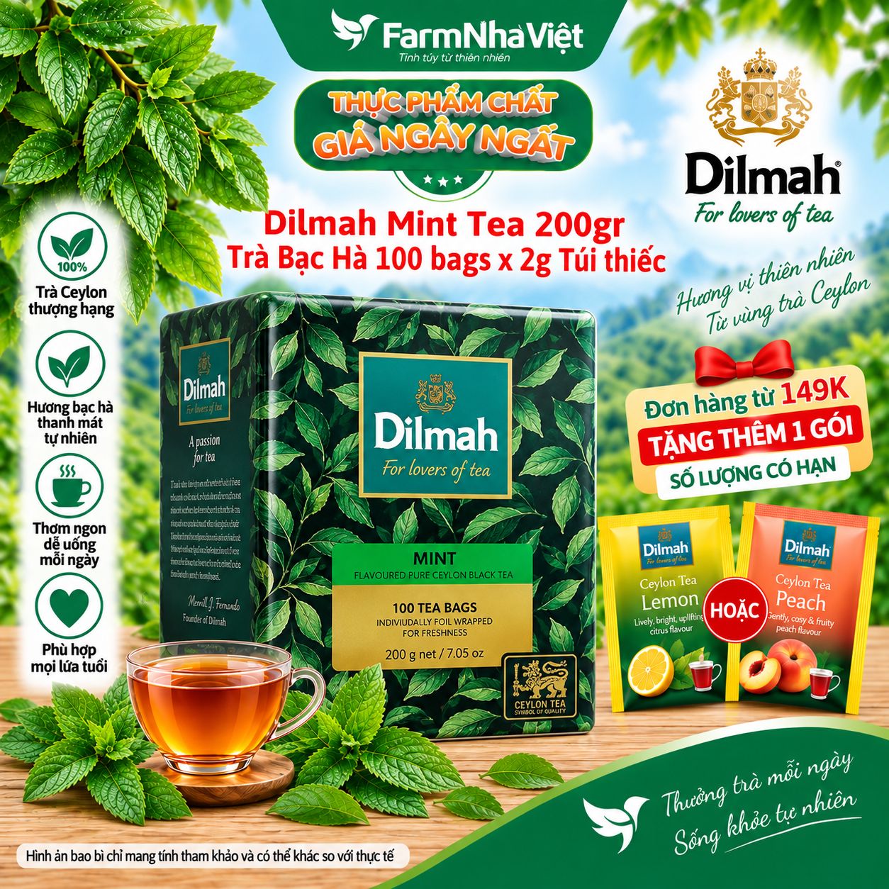 Trà Dilmah Mint Hương Bạc Hà Túi Lọc 200g 100 Túi x 2g Túi Bạc Riêng Biệt - Hương Vị Tươi Mát, Thư Giãn Tuyệt Vời