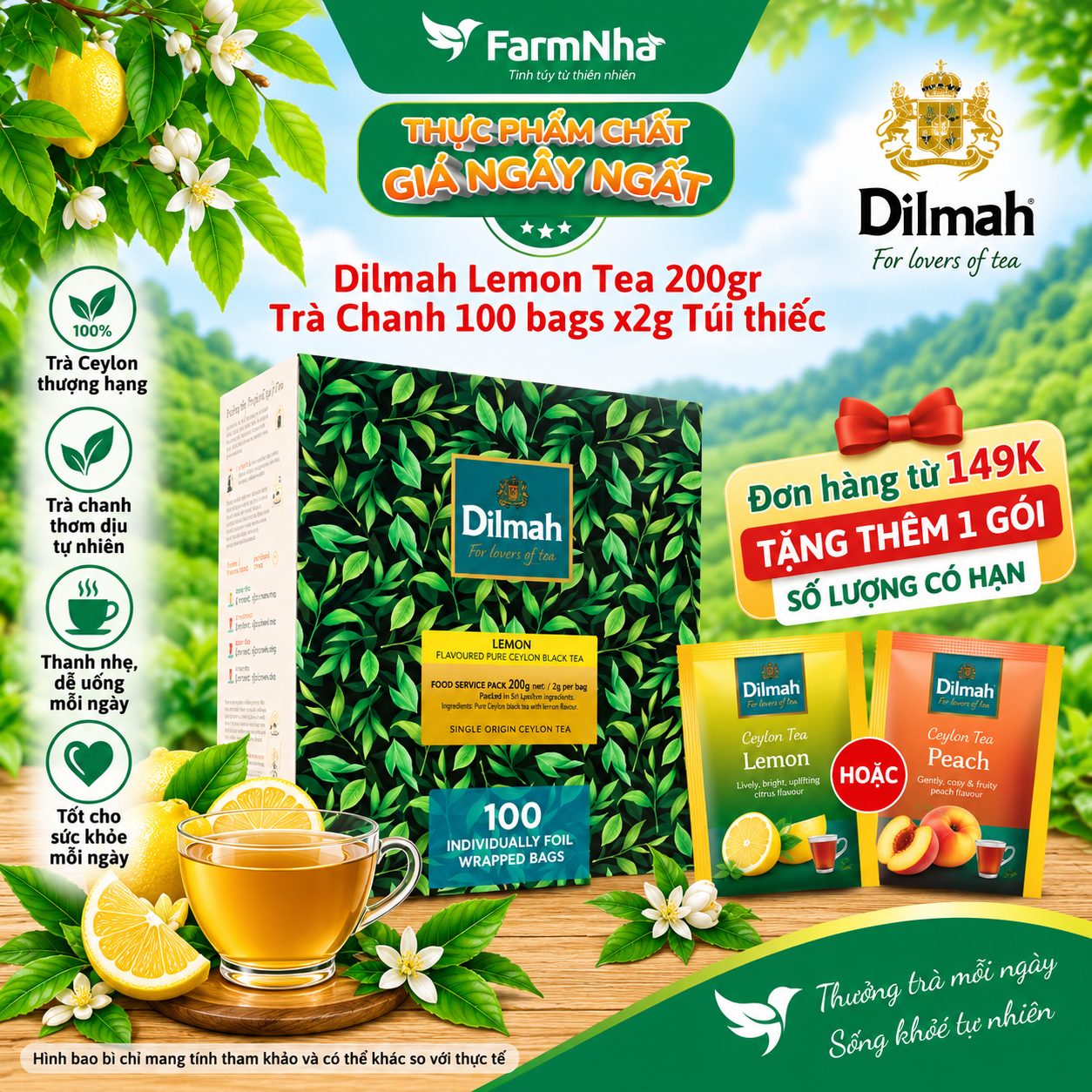 Trà Dilmah Lemon hương Chanh 200g 100 túi x 2gr Túi Bạc Riêng Biệt - Vị trà chanh tươi mát và nguyên chất