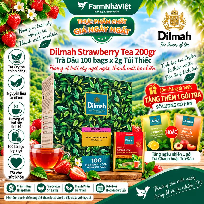 Trà Dilmah Strawberry hương Dâu 200g 100 túi x 2g Túi Bạc Riêng Biệt - Hương Vị Dâu Tươi Ngọt Ngào