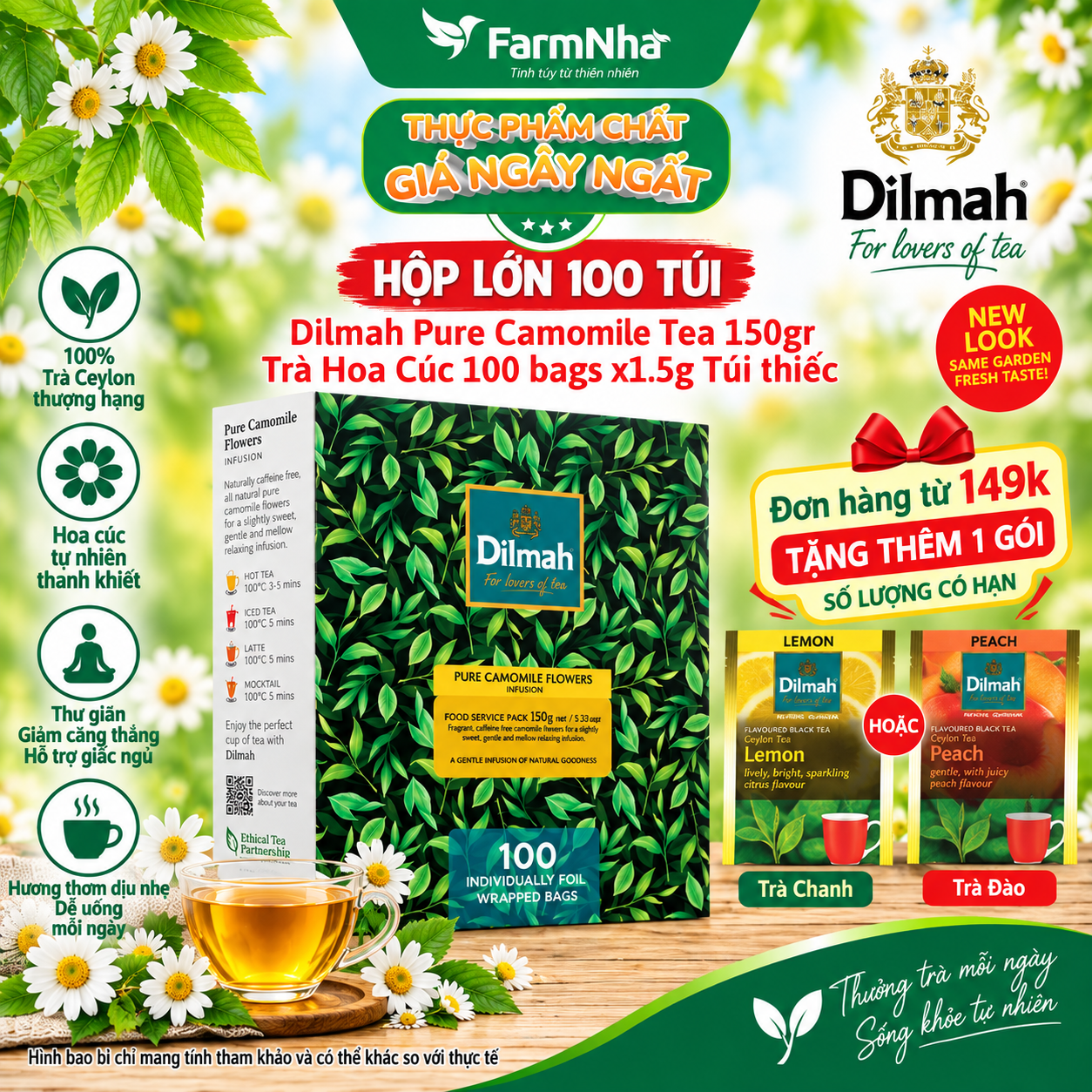Trà Dilmah Pure Camomile 150g 100 Túi x 1.5g Túi Bạc Riêng Biệt – Thảo Dược Hoa Cúc Thư Giãn và Cải Thiện Giấc Ngủ 