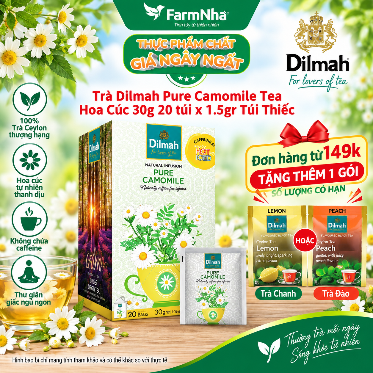 Trà Dilmah Pure Camomile 30g 20 Túix1.5g Túi Bạc Riêng Biệt – Thảo Dược Hoa Cúc Thư Giãn Tinh Thần