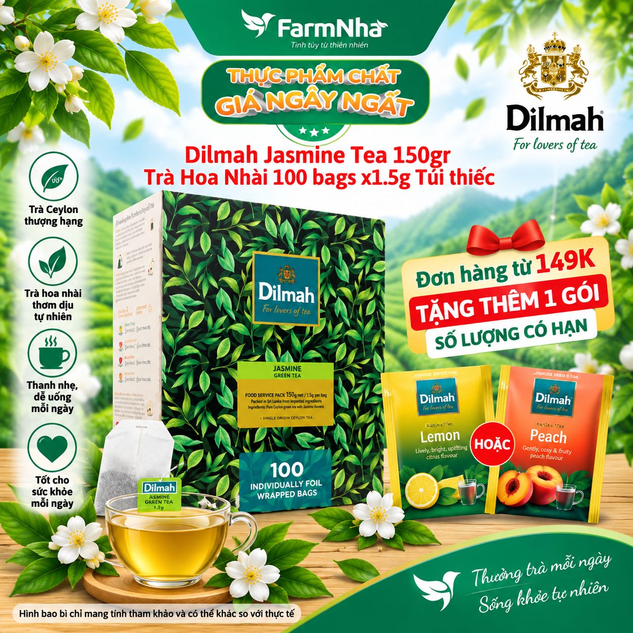 Trà Dilmah Green Tea with Jasmine Petals Hoa Nhài 150g 100 Túi x 1.5g Túi Bạc Riêng Biệt - Hương Hoa Nhài Tự Nhiên Dịu Dàng và Tinh Khiết