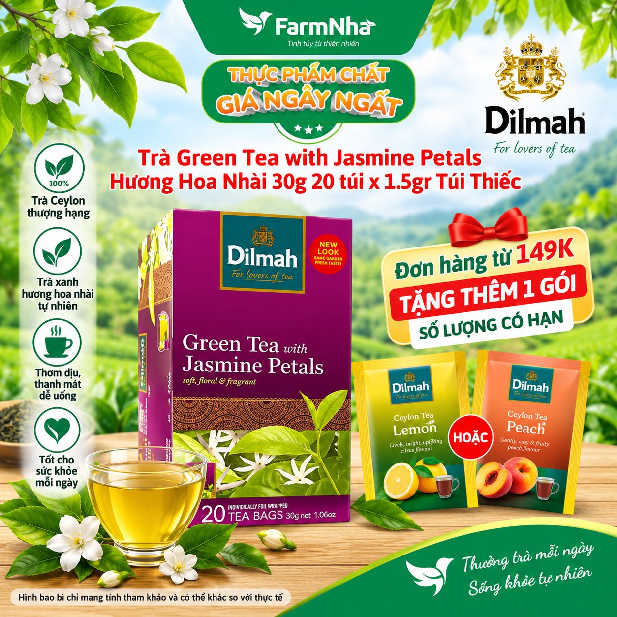 Trà Dilmah Green Tea with Jasmine Petals 30g 20 Túix1.5g Túi Bạc Riêng Biệt - Hương Nhài Dịu Dàng Tự Nhiên