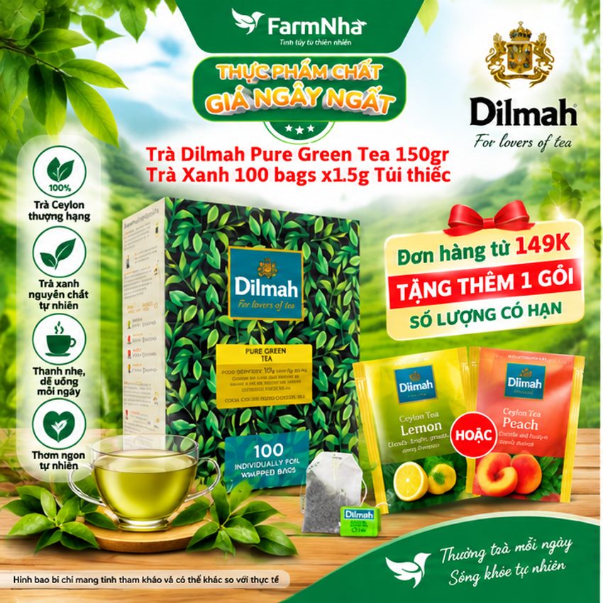 Trà Dilmah Pure Green Trà Xanh 150g 100 túi x1.5g Túi Bạc Riêng Biệt - Lựa chọn tuyệt vời cho những ai yêu thích trà xanh